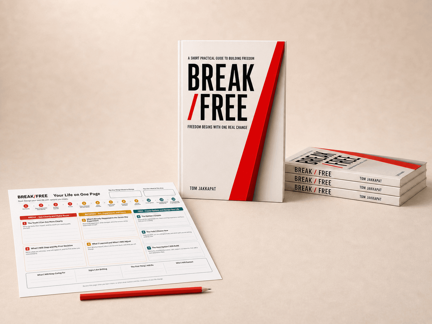 A BREAK/FREE book displayed with the English Your Life on One Page worksheet and a red pencil