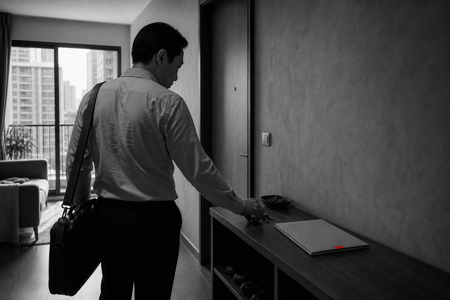 A working professional with a shoulder bag reaches for keys by the door while a closed folder with a small red tab remains on the table.
